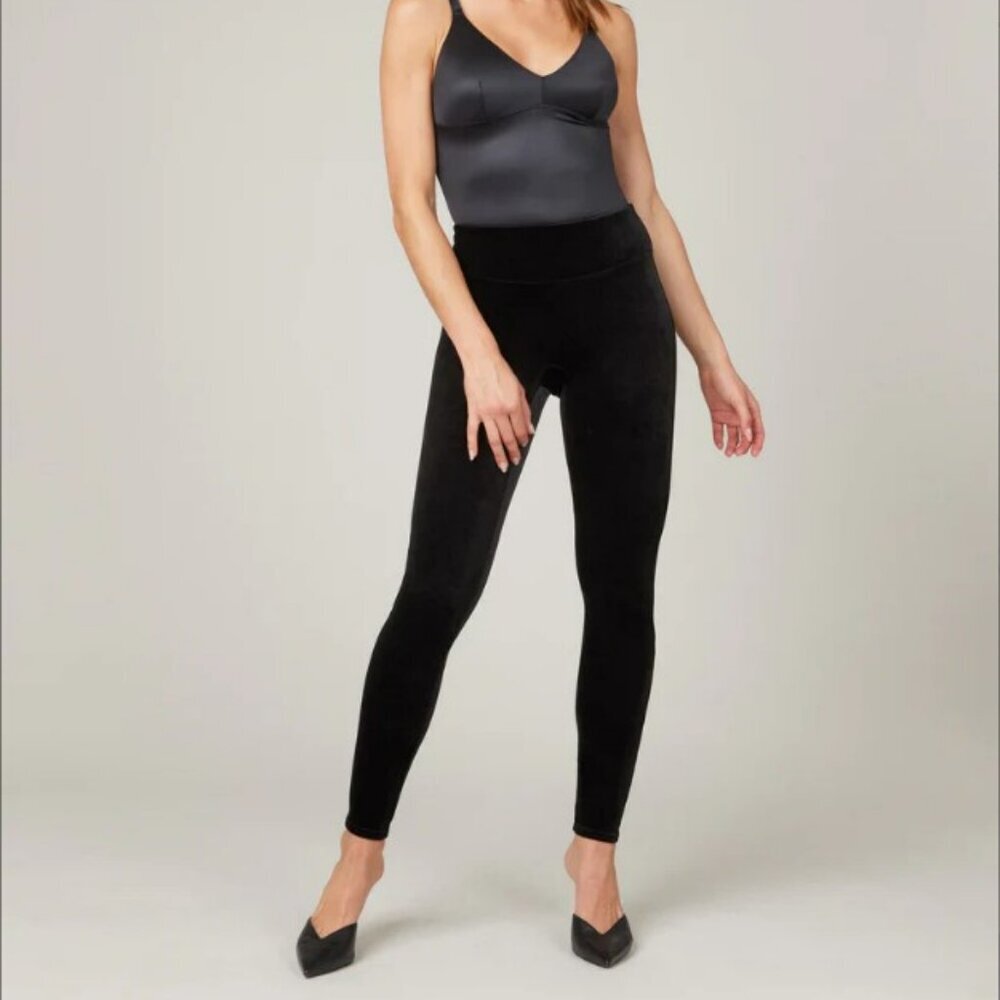 Spanx Velvet Velour High Waistband Compression Black Casual Leggins Size L